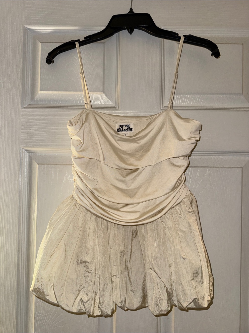 Future Collective Ivory Ruched Spaghetti Strap peplum top